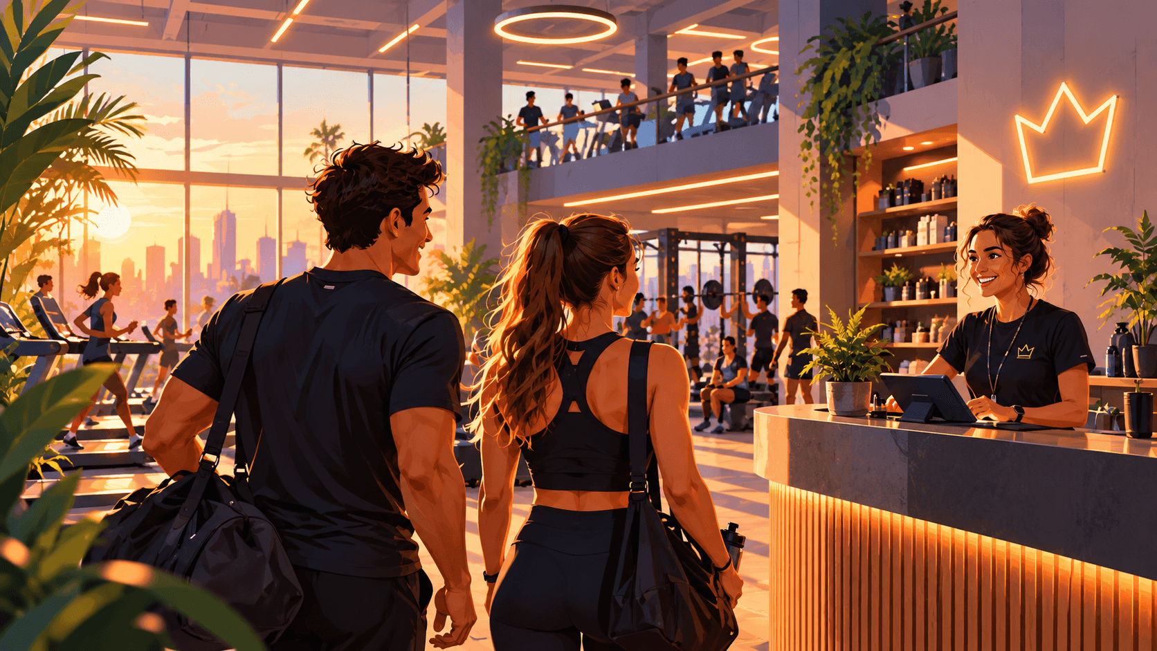 Clock-style illustration of two people arriving at a modern gym, welcomed by a receptionist, with members exercising across a bright, open fitness space.