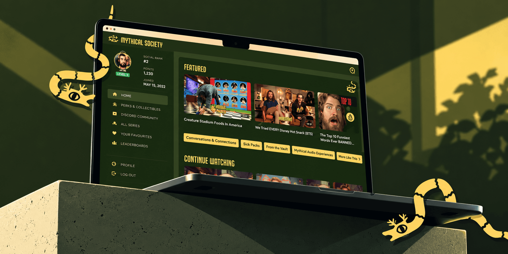 Mythical Society membership platform homepage featuring Rhett and Link and member sign-up options.