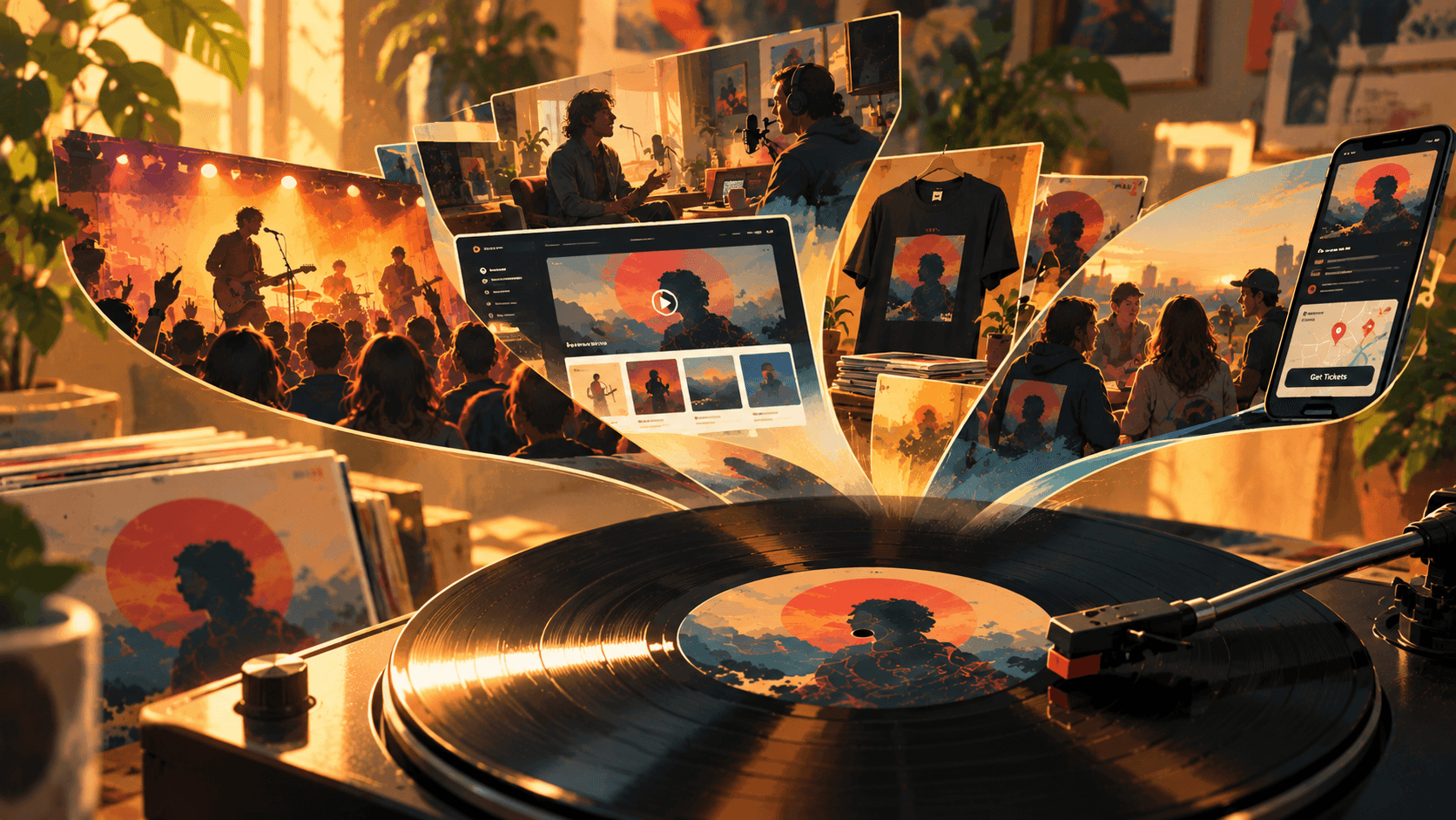 Vinyl record playing on a turntable, with illustrated scenes of concerts, artist interviews, digital content, merchandise and ticketing emerging from its grooves.