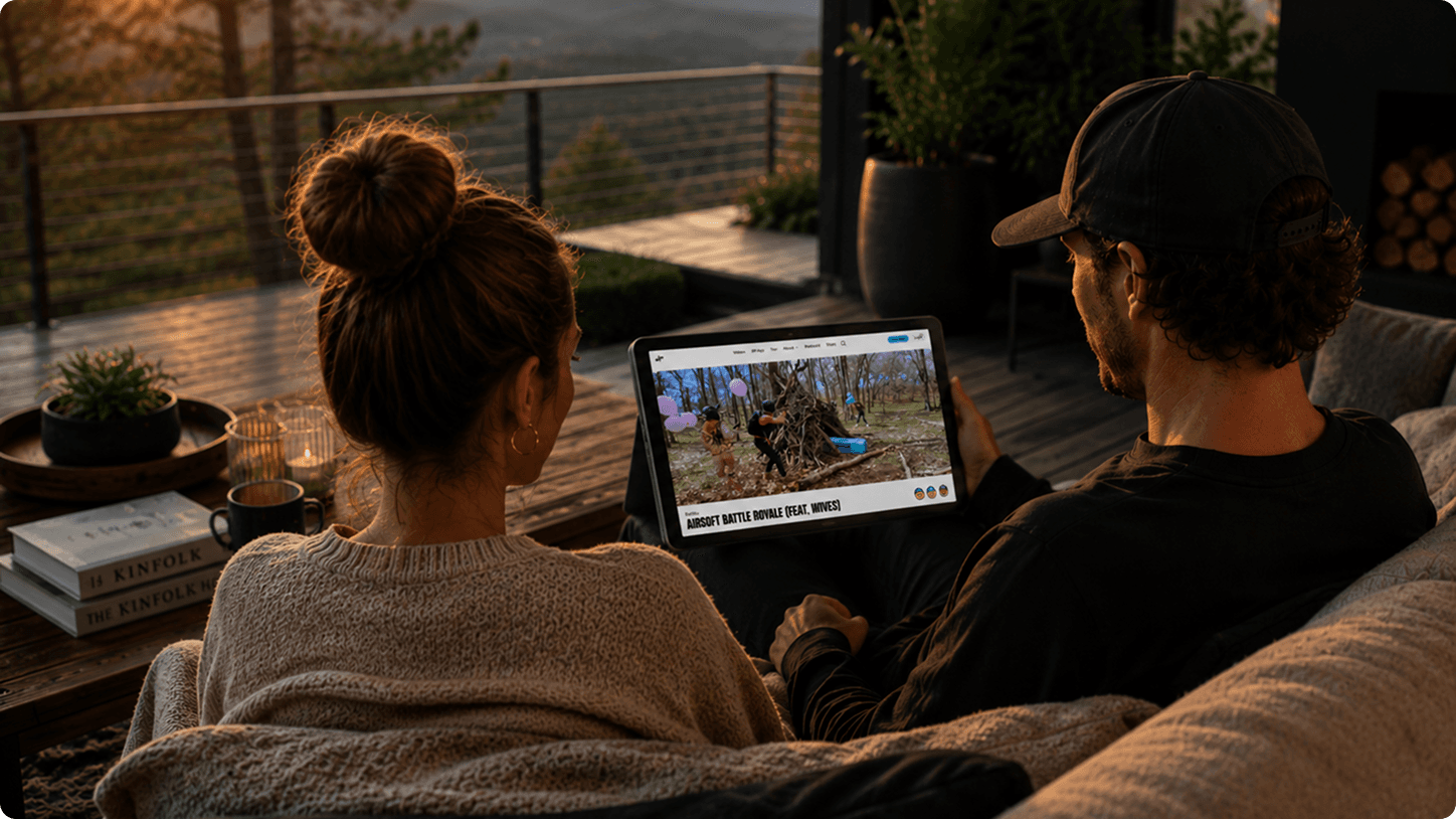 Couple watching Dude Perfect content together on a tablet at home.