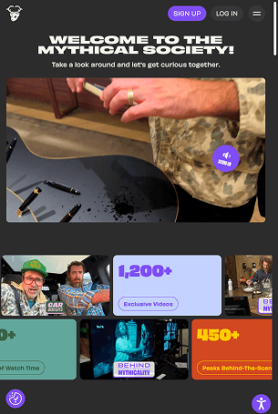 Beacon mobile homepage displaying Mythical Society content, including exclusive videos, behind-the-scenes footage and featured shows.