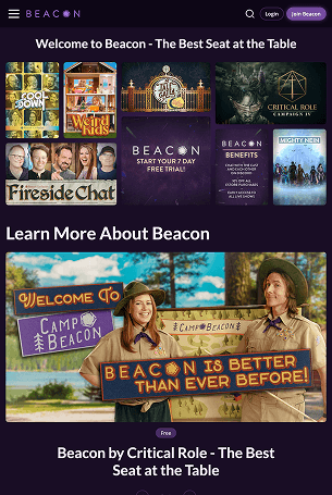 Beacon mobile homepage displaying Mythical Society content, including exclusive videos, behind-the-scenes footage and featured shows.