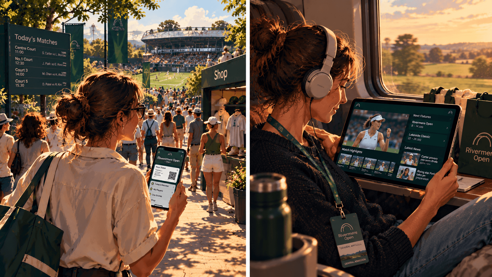 Illustration of a tennis fan using a tournament app to enter an event, then following match highlights and player updates on her journey home.