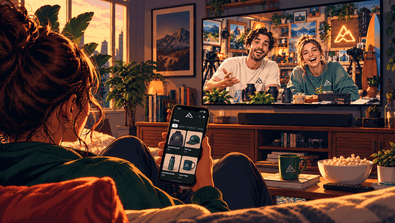 Illustration of a fan browsing merchandise on a creator's app while watching the creators on TV at home.