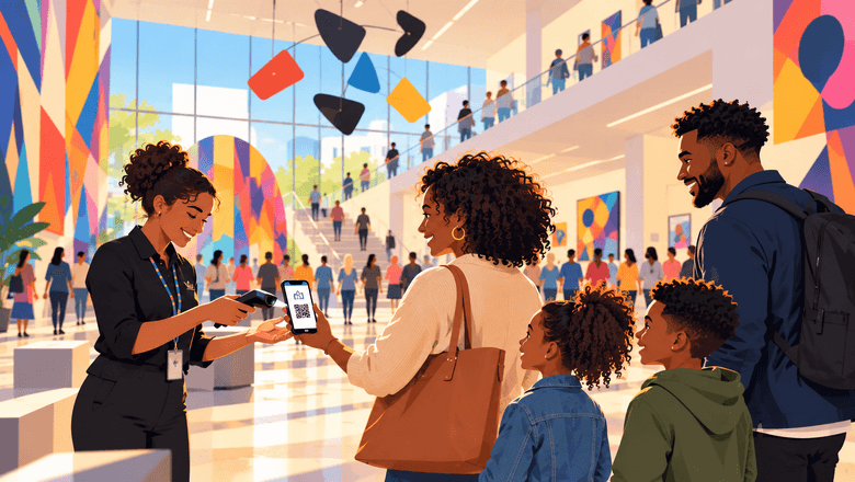 Clock-style illustration of two people arriving at a modern gym, welcomed by a receptionist, with members exercising in the background.
