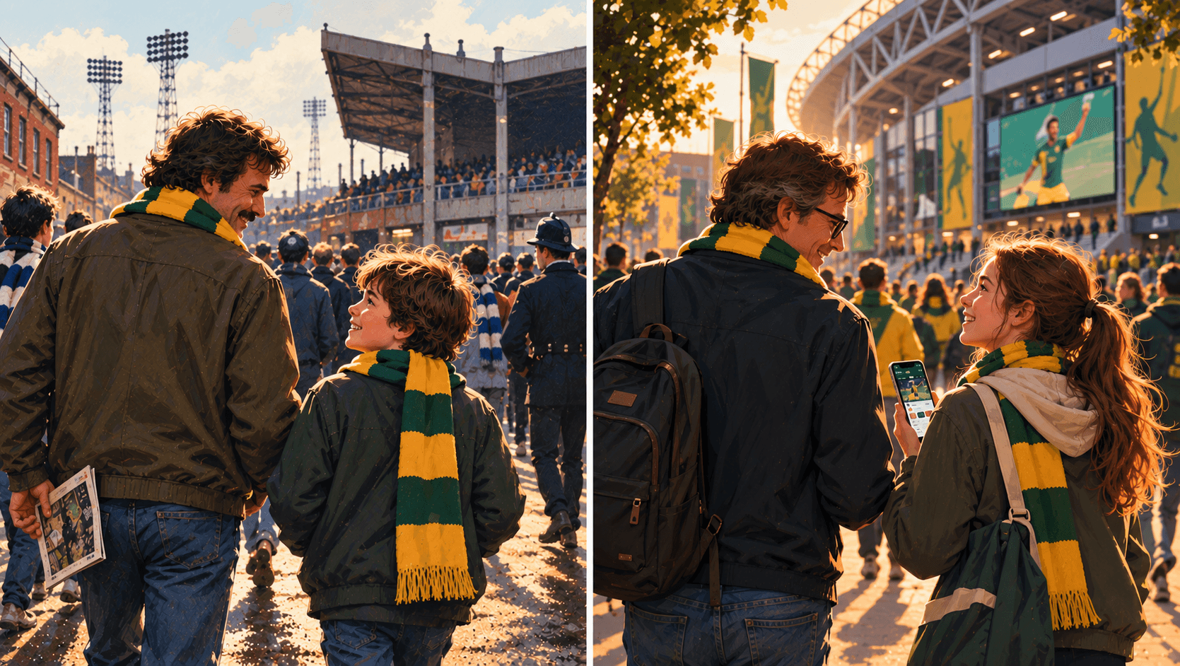 Illustration comparing a father taking his son to a football match in the 1980s with the son, now grown up, taking his daughter to a modern stadium using a club app.